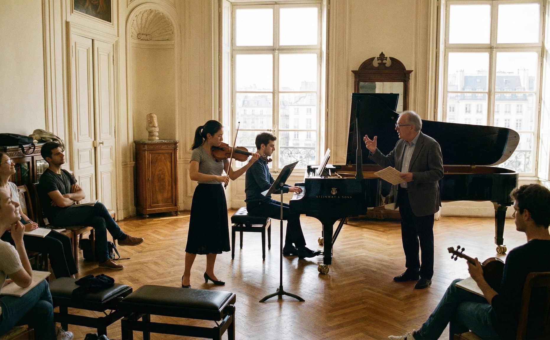 Violinist and pianist in a sunlit studio lesson with their teacher