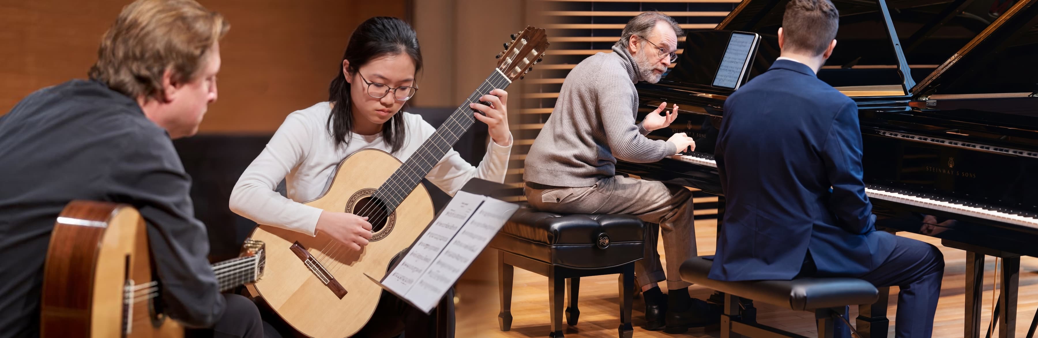 Guitar and piano students working with their teachers in a masterclass